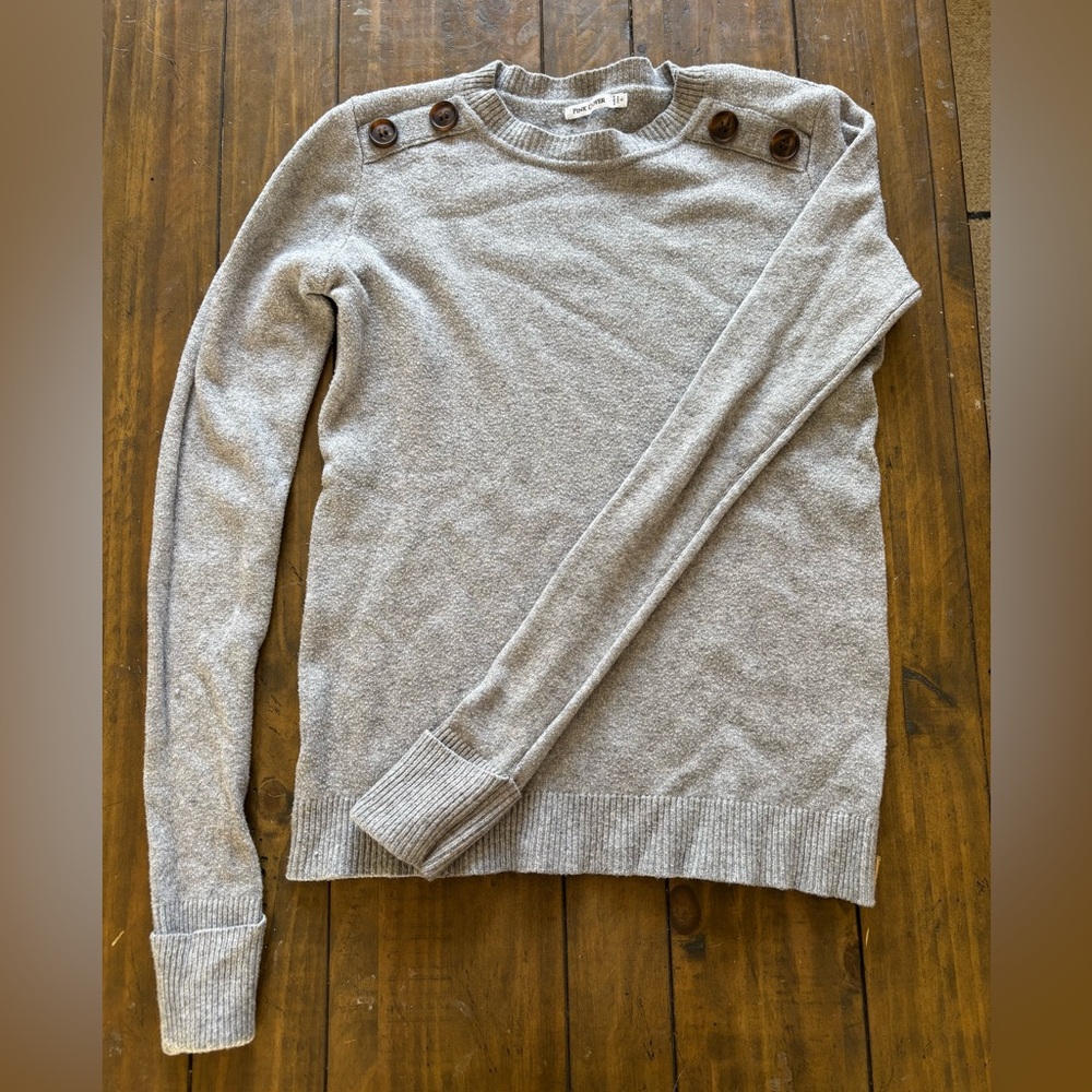 Pink Clover Heather Gray Crewneck Sweater with Shoulder Buttons